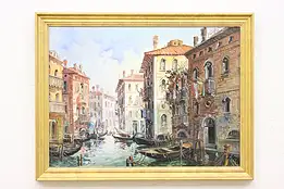 Venice with Boats Vintage Original Oil Painting Signed 30.5" #48405