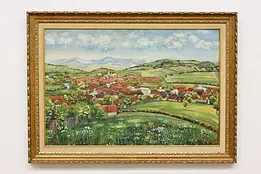Town in Foothills Vintage Original Oil Painting Signed 38" #47761