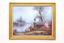 Women & Lake Scene Vintage Original Oil Painting Charles 48" #48009