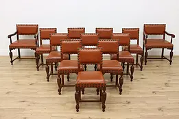 Set of 12 Dutch Tudor Vintage Oak Dining Chairs Brass Studs #48126
