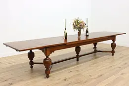 Dutch Tudor Vintage Oak Refectory Dining Table, Extends 13' #48470