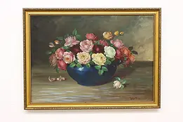Roses Still Life Vintage Original Oil Painting, Fischer 39" #47076