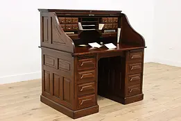 Oak Antique Roll Top Office Library Desk, Raised Panels #46302