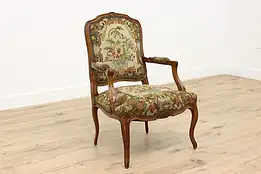 Country French Vintage Carved Chair, Floral Needlepoint  #48162