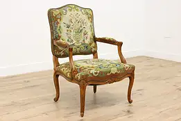 Country French Vintage Carved Chair, Needlepoint Upholstery  #48164