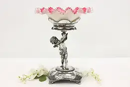 Victorian Antique Cranberry Glass Bride Basket Cherub Stand #47749