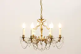 Traditional Antique 6 Arm Brass Chandelier w/ Crystal Prisms #45662