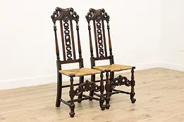 Pair of Jacobean Design Antique Carved Mahogany Chairs #48372