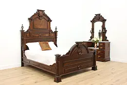 Victorian Antique Walnut 2 Pc Queen Size Bedroom Set, Marble #47824