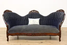 Victorian Antique Carved Walnut Tufted Velvet Sofa or Couch #48324