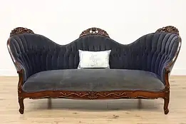 Victorian Antique Carved Walnut Tufted Velvet Sofa or Couch #48324