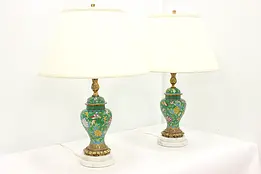 Pair of Vintage Italian Cloisonne Vase Lamps, Marble Bases #48001