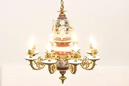 Cherub Vintage Brass & Porcelain 8 Arm Chandelier #47162