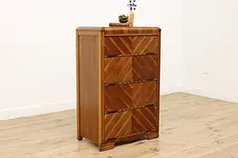 Art Deco 1930s Vintage Waterfall Walnut Highboy Tall Chest #48544