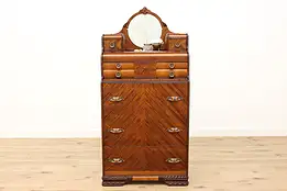 Art Deco Vintage Mahogany & Marquetry Highboy Dresser Mirror #48549