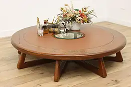 Farmhouse 66" Round Oak & Leather Coffee Table, Horse Head #48342