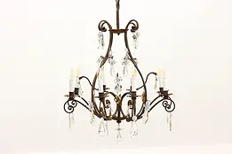 Wrought Iron Vintage 8 Candle Chandelier, Crystal Prisms #48339