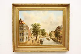 Dutch City & Canal Vintage Original Oil Painting Lewan 38.5" #48501