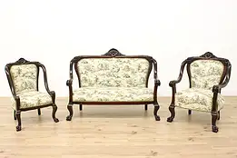 Art Nouveau Antique 3 pc Carved Settee & Chair Set, Dolphins #48355