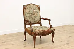 Country French Antique Carved Chair, Floral Needlepoint #48615