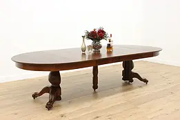 Victorian Carved Oak Antique 10' Dining Table, 5 Leaves #48267