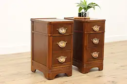 Pair of Art Deco Vintage Walnut Nightstands, Bakelite Pulls #48616