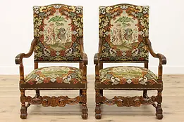 Pair Renaissance Antique Needlepoint Tapestry Throne Chairs #48163