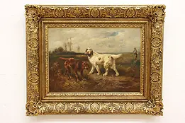 Dogs & Hunter Antique Original Oil Painting Schouten 48.5" #48736