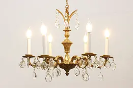 Spanish Vintage 6 Candle Brass Chandelier, Crystal Prisms #48563