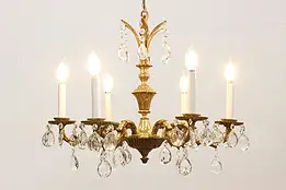 Spanish Vintage 6 Candle Brass Chandelier, Crystal Prisms #48563