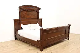 Victorian Eastlake Antique Walnut King Bed, Carved Flowers #33953