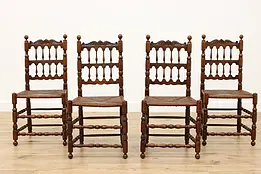 Set of 4 Country French Antique Dining Chairs, Rush Seats #33617