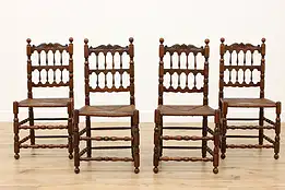 Set of 4 Country French Antique Dining Chairs, Rush Seats #33617