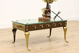 Victorian Farmhouse Antique Brass Coffee Table, Glass Top #47786