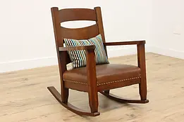 Arts & Crafts Mission Oak Antique Rocking Chair, Leather #48817