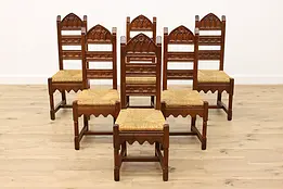 Set of 6 Gothic Antique Carved Oak Dining Chairs Rush Seats #48821