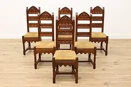 Set of 6 Gothic Antique Carved Oak Dining Chairs Rush Seats #48821