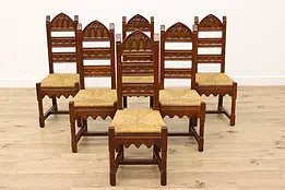 Set of 6 Gothic Antique Carved Oak Dining Chairs Rush Seats #48972