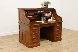 Victorian Antique Office or Library Carved Oak Roll Top Desk #34254