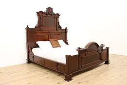 Victorian Eastlake Antique Carved Walnut & Burl King Bed #33955