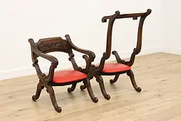 Pair of Renaissance Antique Carved Oak Church Kneeler Chairs #48750