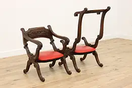 Pair of Renaissance Antique Carved Oak Church Kneeler Chairs #48750