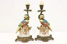 Pair of French Antique Ceramic & Brass Parrot Candlesticks #48899