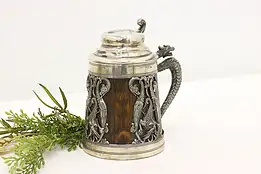 Farmhouse Antique Silverplate & Oak Beer Stein, Dragons #44244