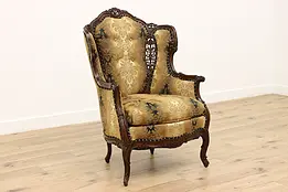 French Design Vintage Carved Birch Wing Chair, Flowers #48354