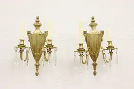 Pair of Classical Vintage Brass & Prisms Wall Candle Sconces #45353