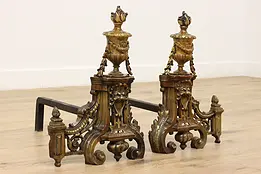 Pair of Antique Classical Brass Fireplace Andirons, Lions #48175