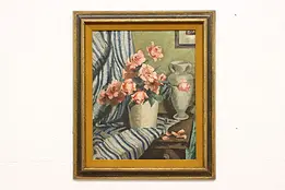 Pink Roses Still Life Original Antique Oil Painting 26" #48343