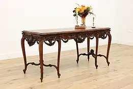 French Carved Walnut Antique Sofa or Hall Console, Roses #48644