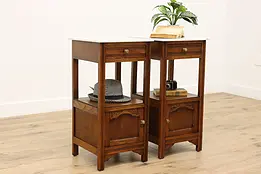 Pair of Country French Antique Oak & Marble Nightstands #48693